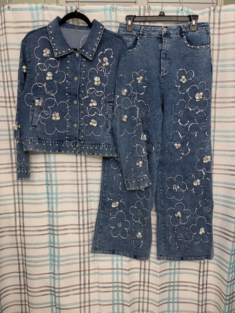 Embellished Floral Denim Jacket & Jeans Set - Blue